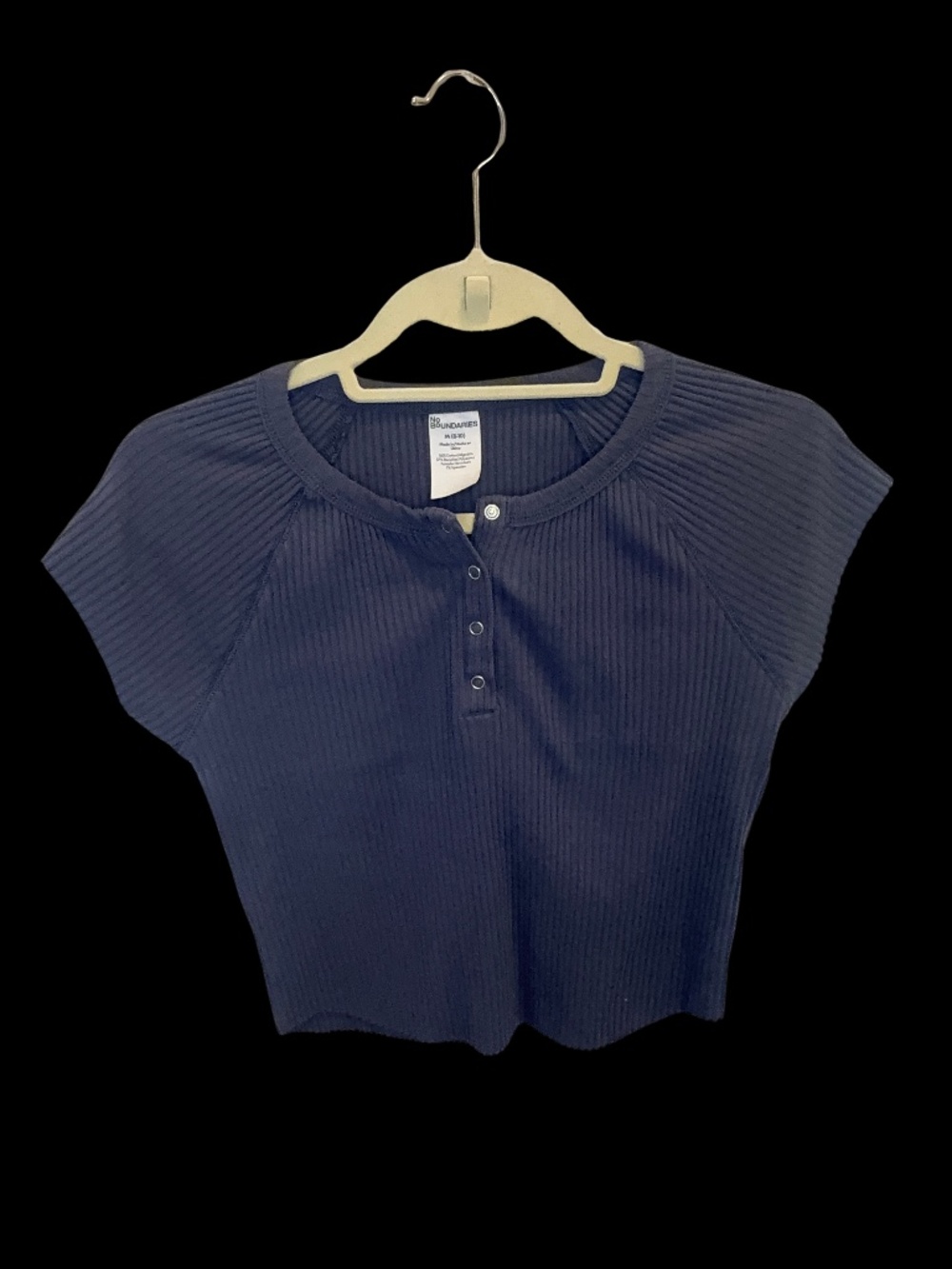No Boundaries Navy Blue Ribbed Henley Top – Size M (8–10)